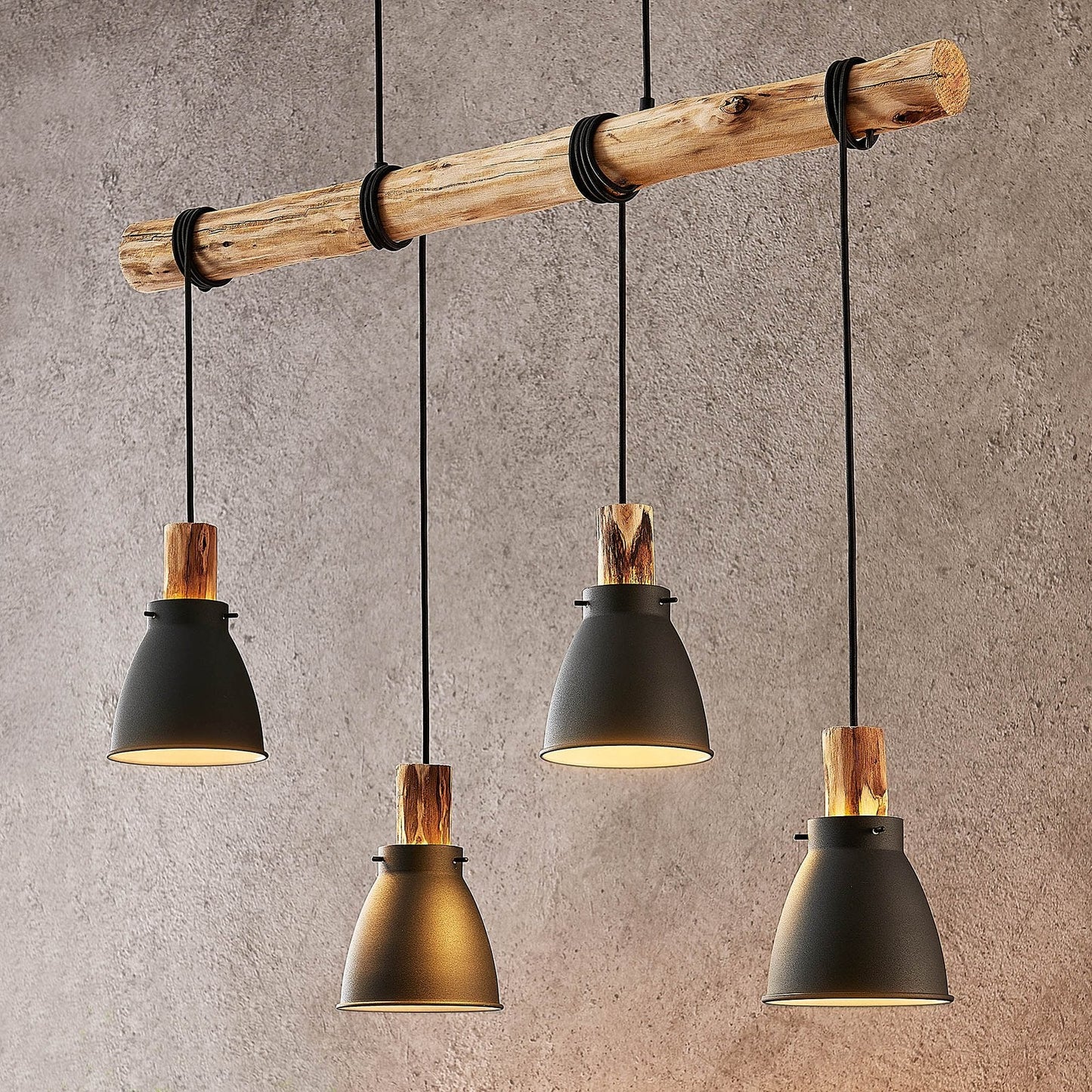 Pendant Light Rustic Wood and Black Metal